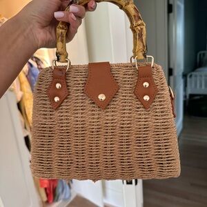 Chic Tan Woven Handbag with Bamboo Handles